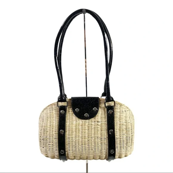 Lux De Ville Purse Romeo Handbag Tote Natural Straw and Sparkle Jet Black - Picture 2 of 5